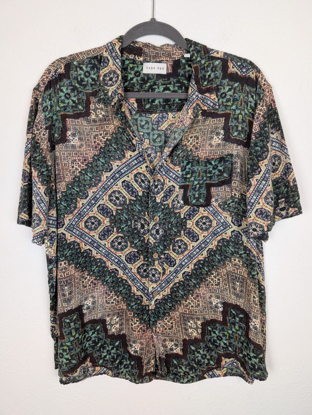 Raga Man Shirt Button Front Block Diamond Tie Dye Jewel Tone Indie Green Size L